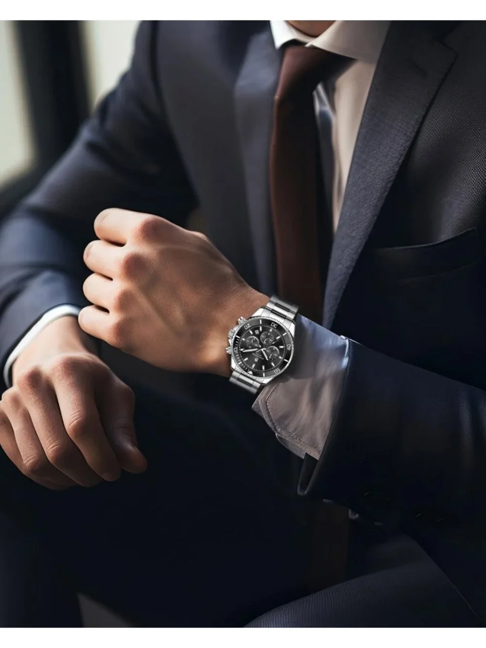 Men's Silver And Black Chronograph Stainless Steel Waterproof Quartz Wrist Watch
